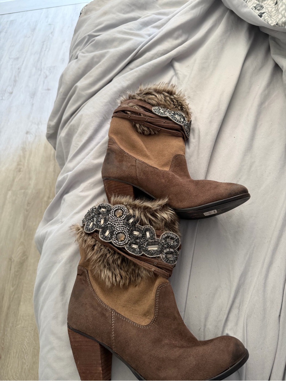 Buckle Brown Suede Fur-Trim Beaded Ankle Boots